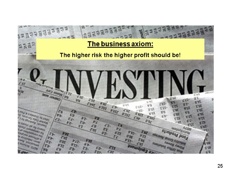 The business axiom: The higher risk the higher profit should be! 25